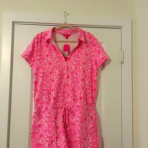 Lilly Pulitzer romper in neon pink and white